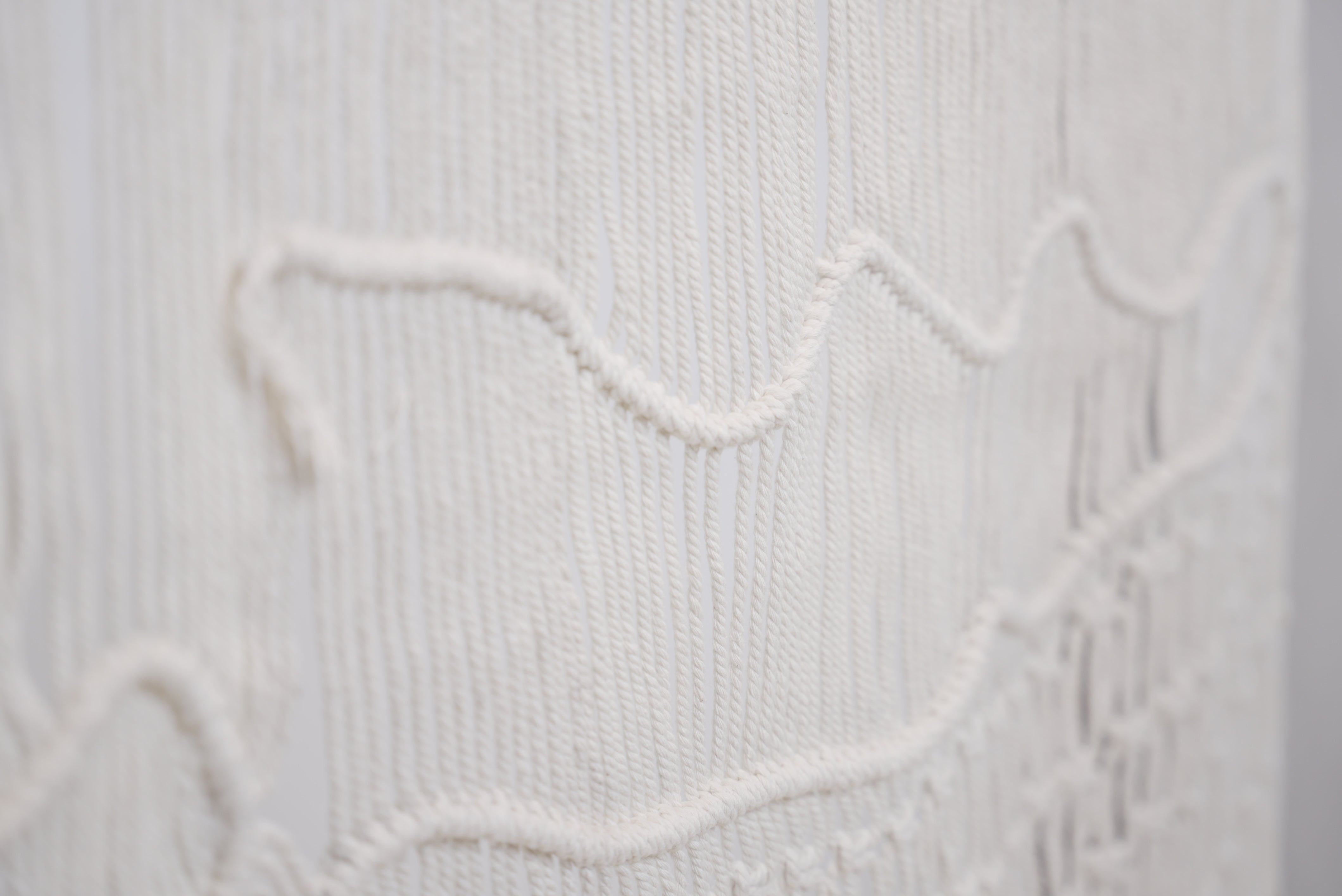 Close-up of the macrame wall hanger photographed against a neutral background showcasing the design