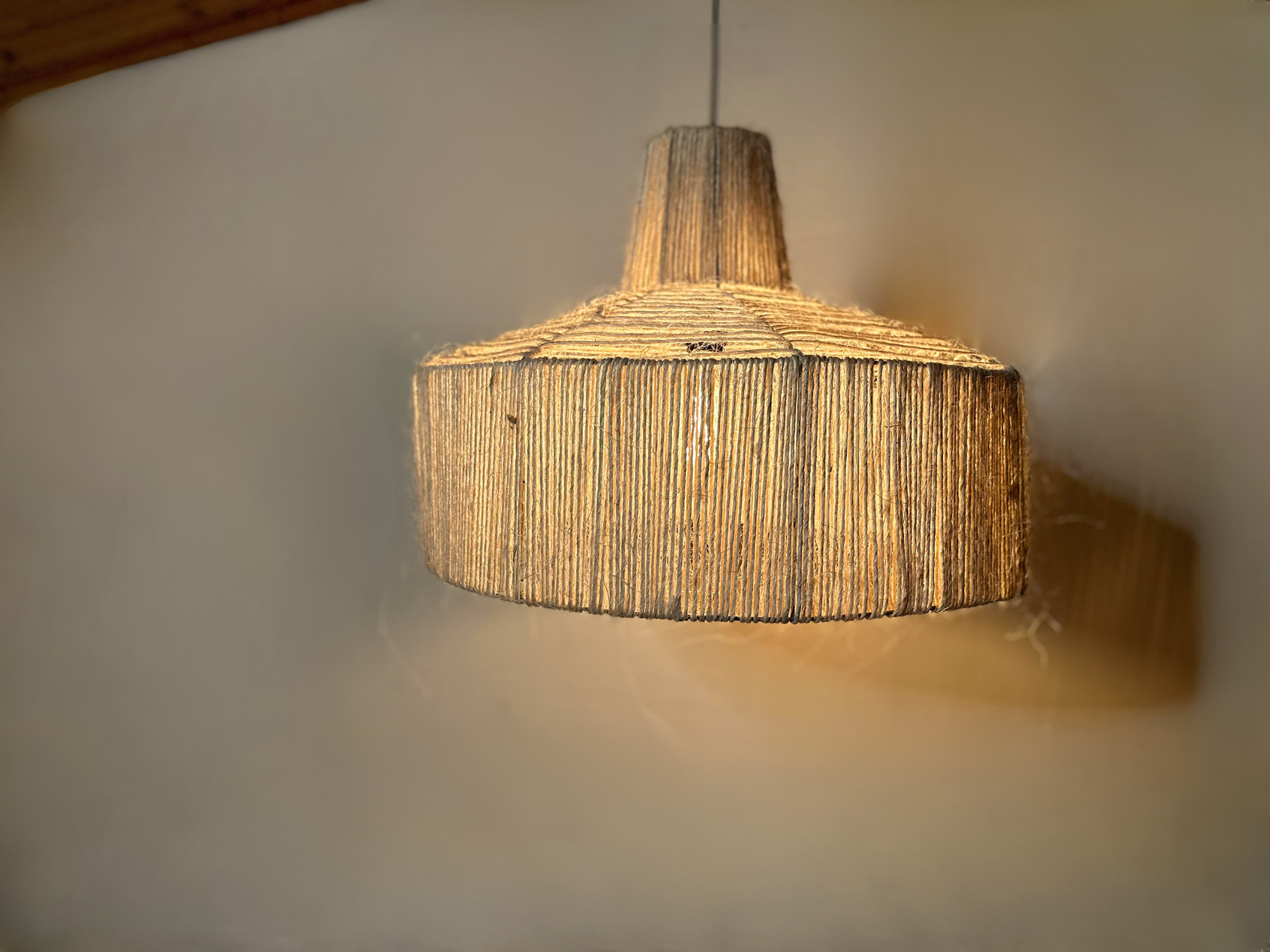 The Sisal pendant powered on in front of a wall