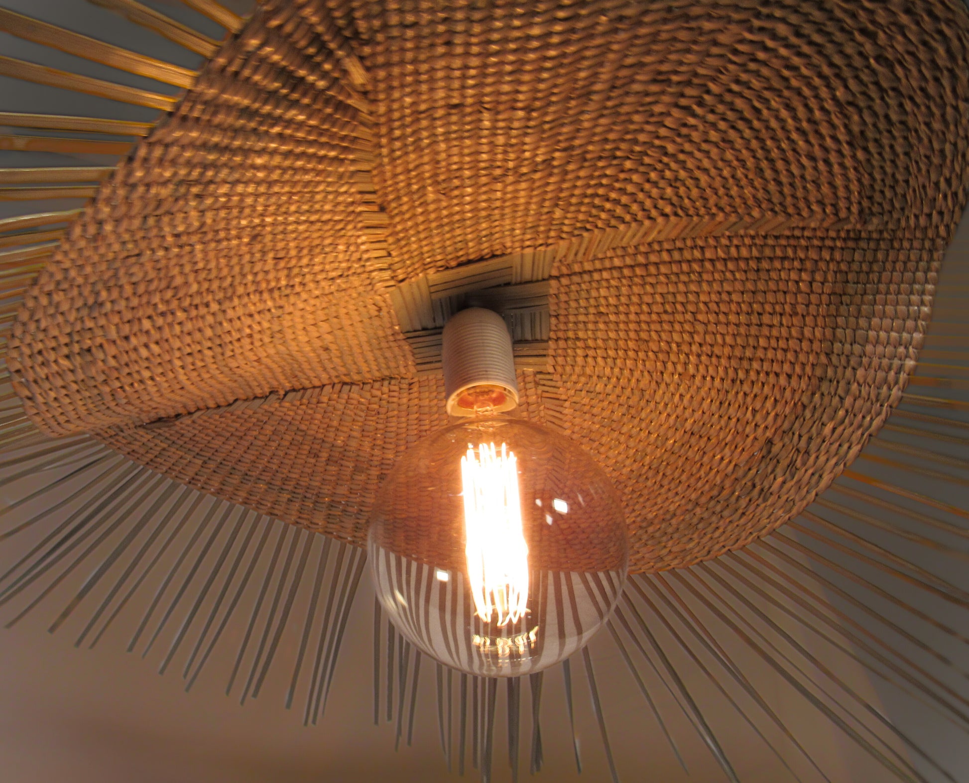 Handmade natural grass pendant hanging light lampshade woven lighting customisable locally made new modern safari lodge luxury interior