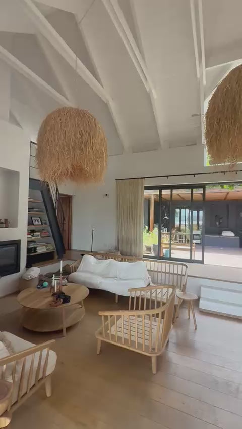 Load video: Large dome raffia pendant hanging light woven lighting handmade outdoor friendly customisable safari lodge 