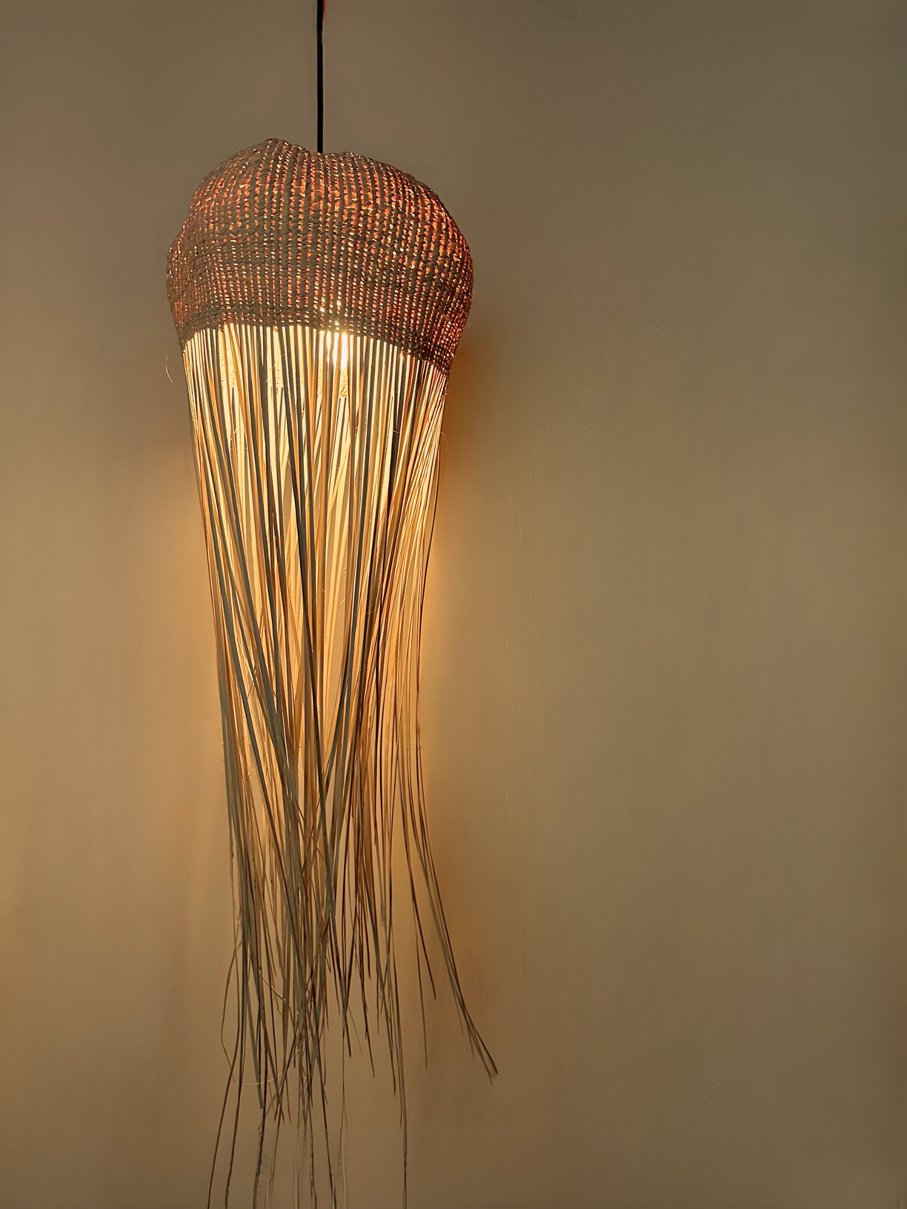 Tall jellyfish-inspired pendant light with woven top and flowing raffia strands, softly glowing against a neutral wall.