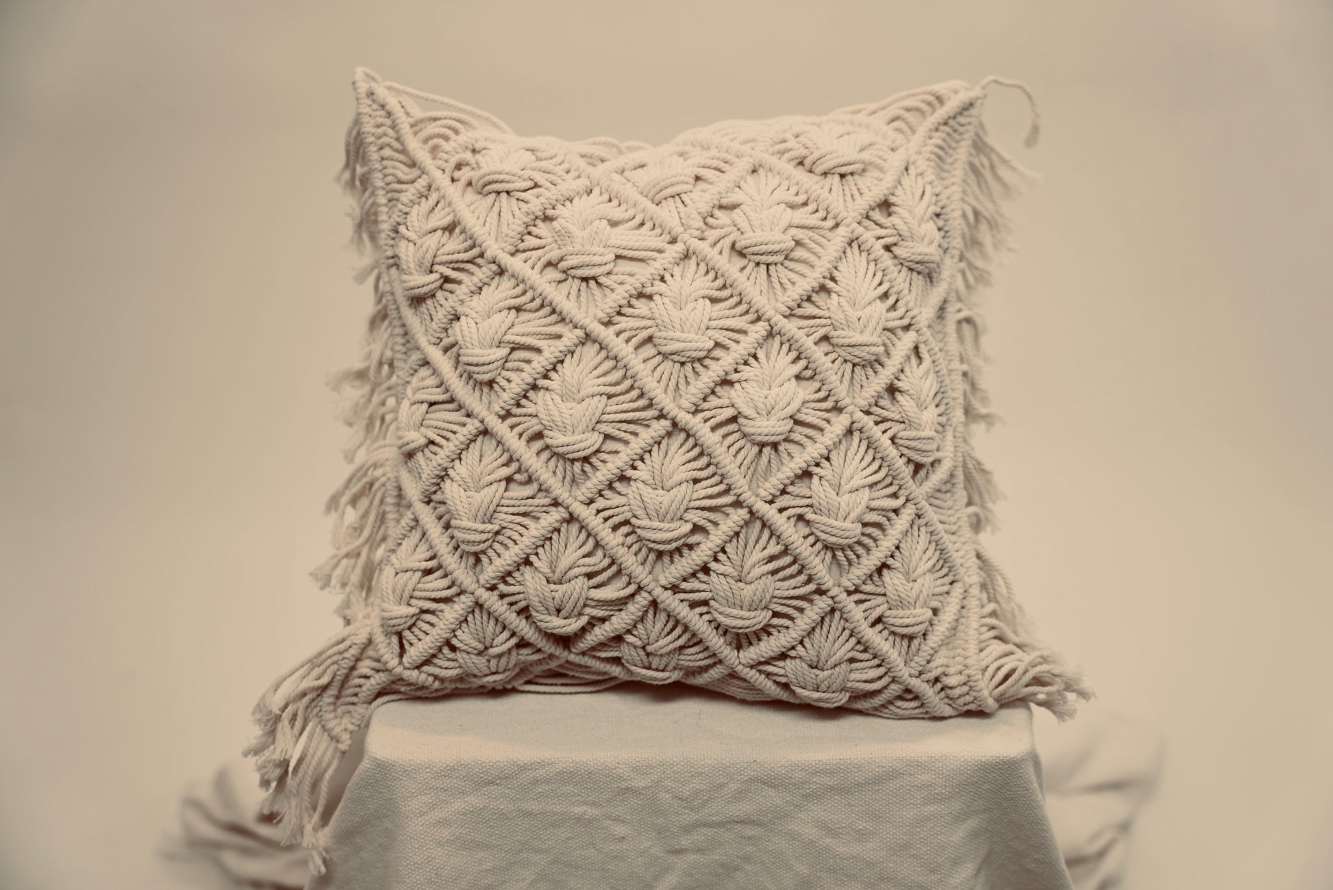 The macrame scatter cushions photographed against a neutral background