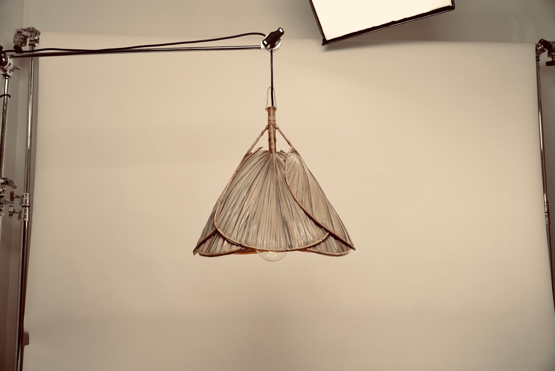The palm leaf lampshade photographed against a neutral background