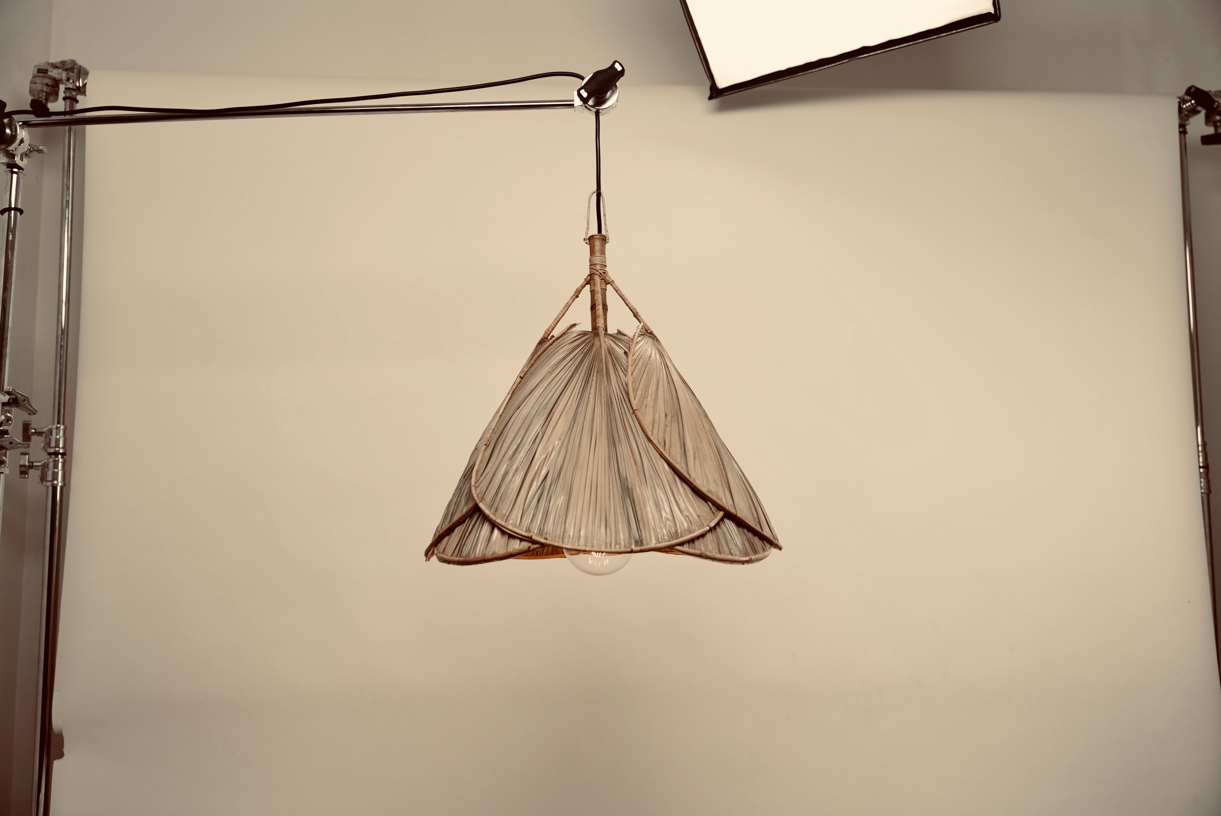 The palm leaf lampshade photographed against a neutral background