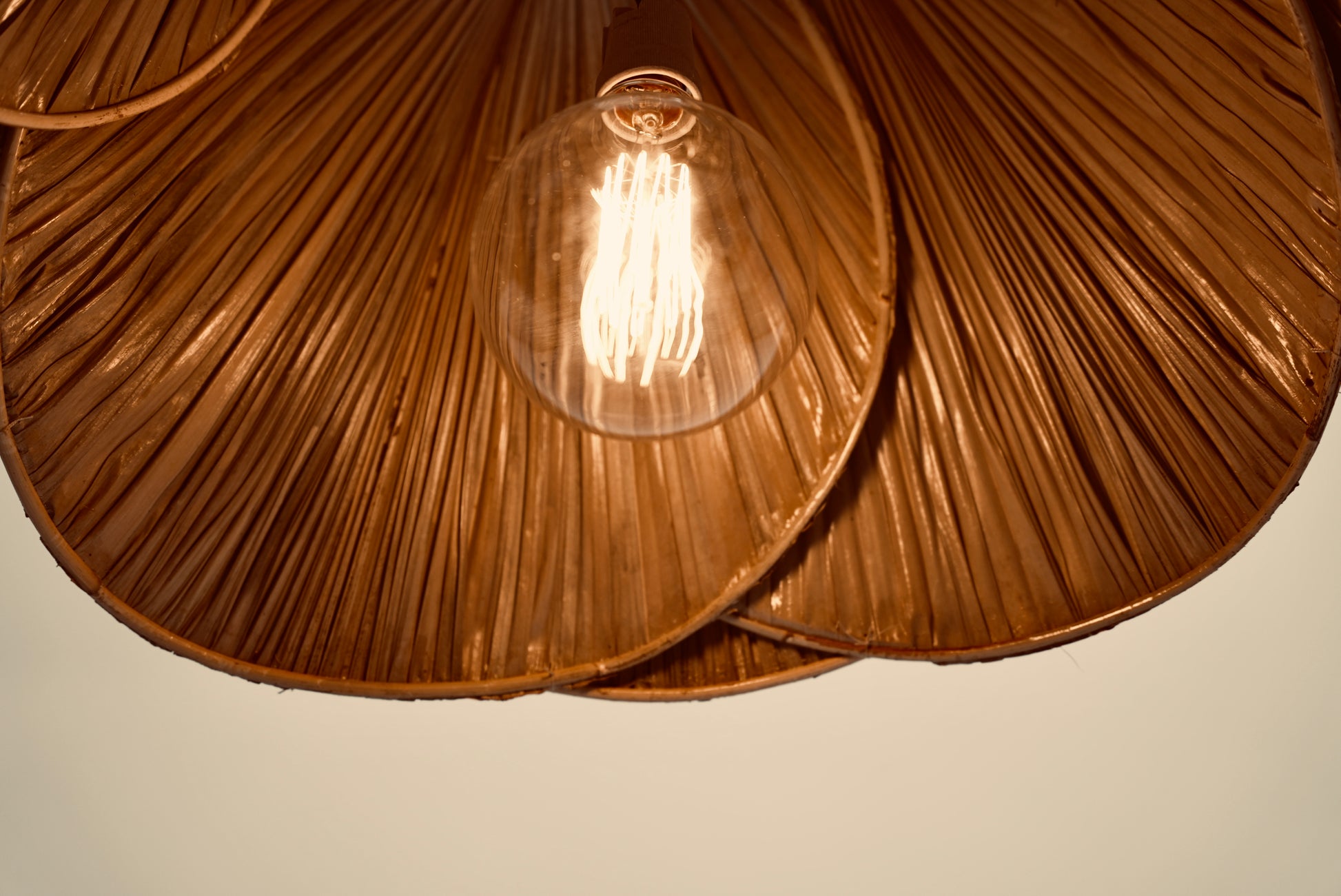 A close-up of the inside of the palm leaf lampshade photographed against a neutral background