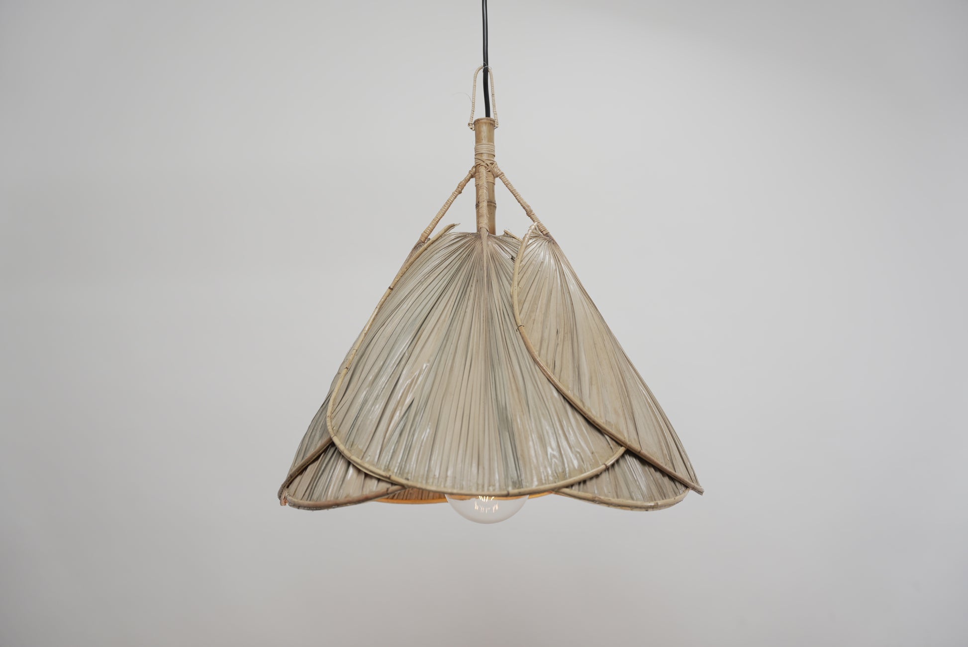The palm leaf lampshade photographed against a neutral background